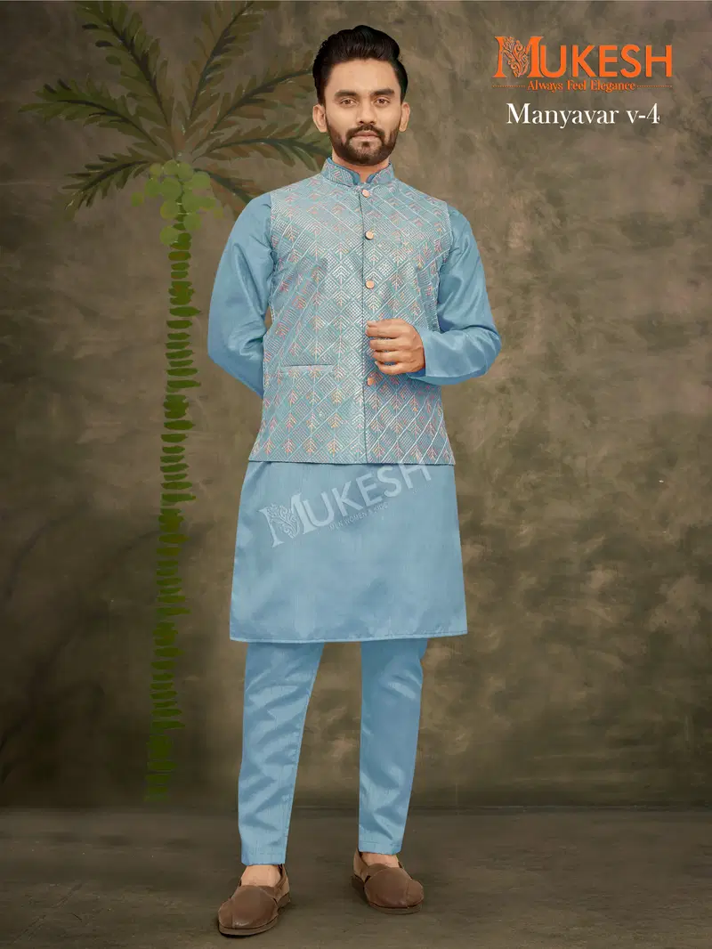 Manyavar Vol 4 By Mukesh Banglori Silk Modi Jacket Kurta Pajama Wholesale Online